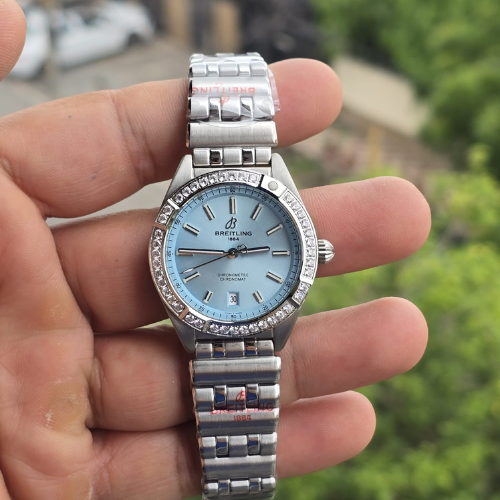 Breitling Chronomat diamond-set bezel, featuring a sky-blue dial.