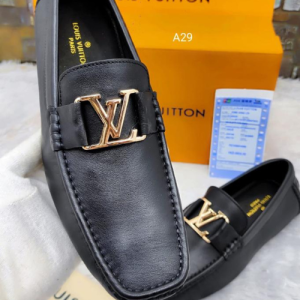 Louis Vuitton Leather Loafers with Gold-Tone LV Logo in Black