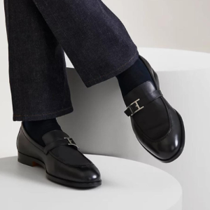 Hermes Black Leather Loafers with Silver Buckle Detail