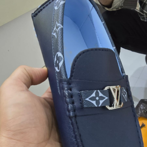 Louis Vuitton Navy Blue Leather Loafer with Gold-Tone LV Buckle