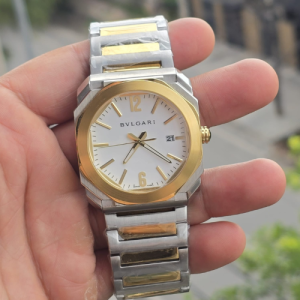 Bvlgari Watch with a White Dial and Two-Tone Silver and Gold Bracelet