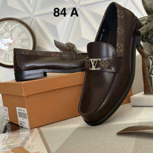 Louis Vuitton Brown Leather Loafers with Monogram Canvas Details